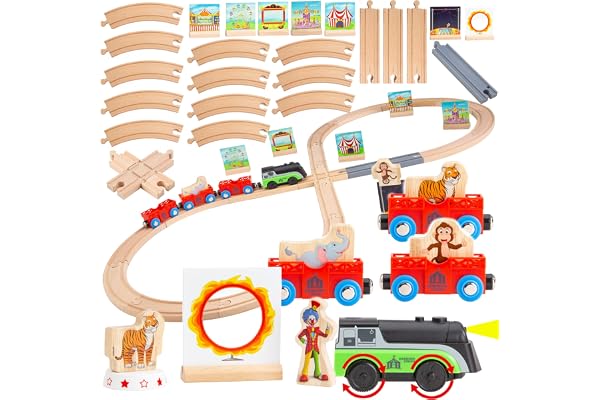 Wooden Train Set Magnetic Battery Operated Train Car with Wooden Tracks | Electric Lighted Train + Sound Track | Safari Circu