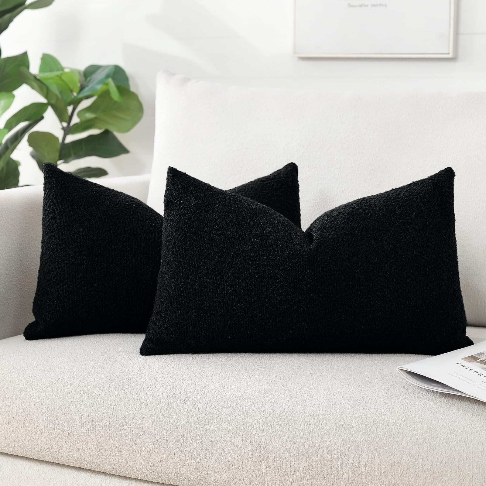 Artscope Pack of 2 Textured Boucle Cushion Covers Lumbar Pillow Cases Cozy Soft Decorative Couch Pillow Covers for Chair Sofa Bedroom Living Room Home Decor 40x60cm, Black