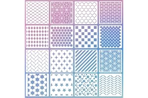RESFLYAR 16 PCS 6 Inch Checks Diamond Stencils, Brick Mermaid Scale Reusable Plastic Paint Templates for Painting on Wood, Geometric Star Shape Stencils for Furniture Fabric Wall DIY Crafts Decorations