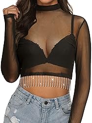 MYMORE Womens Sparkly Rhinestone Fringe Tassel Mesh