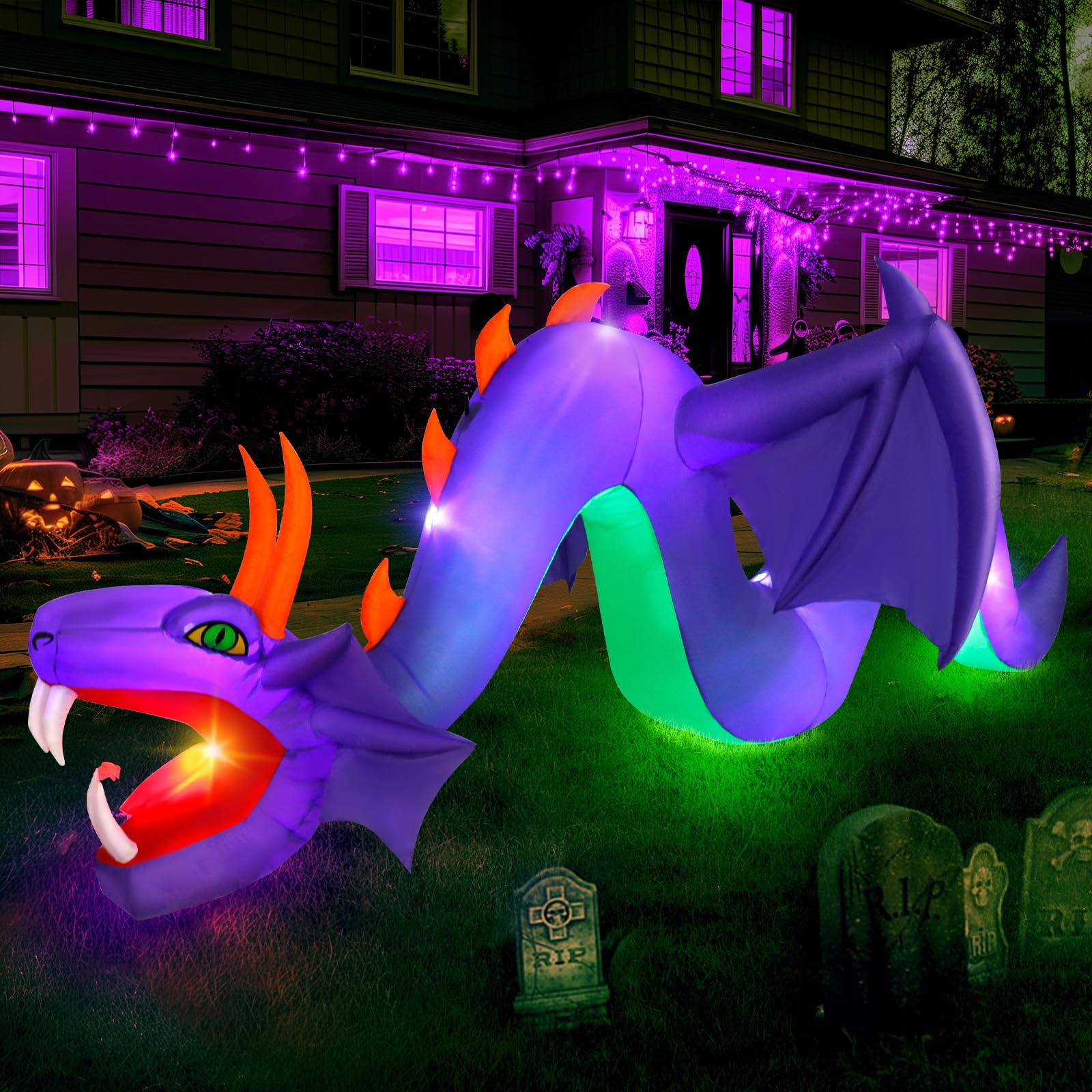 Photo 1 of 12ft Halloween Inflatable Dragon Decorations,Open Mouth and Sharp Teeth Outdoor Giant Purple Decorations,Built-in 7 LEDs Blow Up Dragon Inflatables for Yard, Lawn & Garden Internal Lights