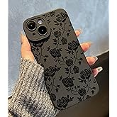 Jusnfu for iPhone 15 Case 6.1 Inch 2023, Aesthetic Rose Floral Print Phone Case for Women Girls Men, Slim Silicone Protective Phone Cover for iPhone 15, Black Flower