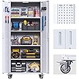 Aobabo 72" H Metal Garage Storage Cabinet with Wheels, Lockable Steel Rolling Storage Cabinet with 4 Shelves and 2 Pegboards, Assembly Required,White