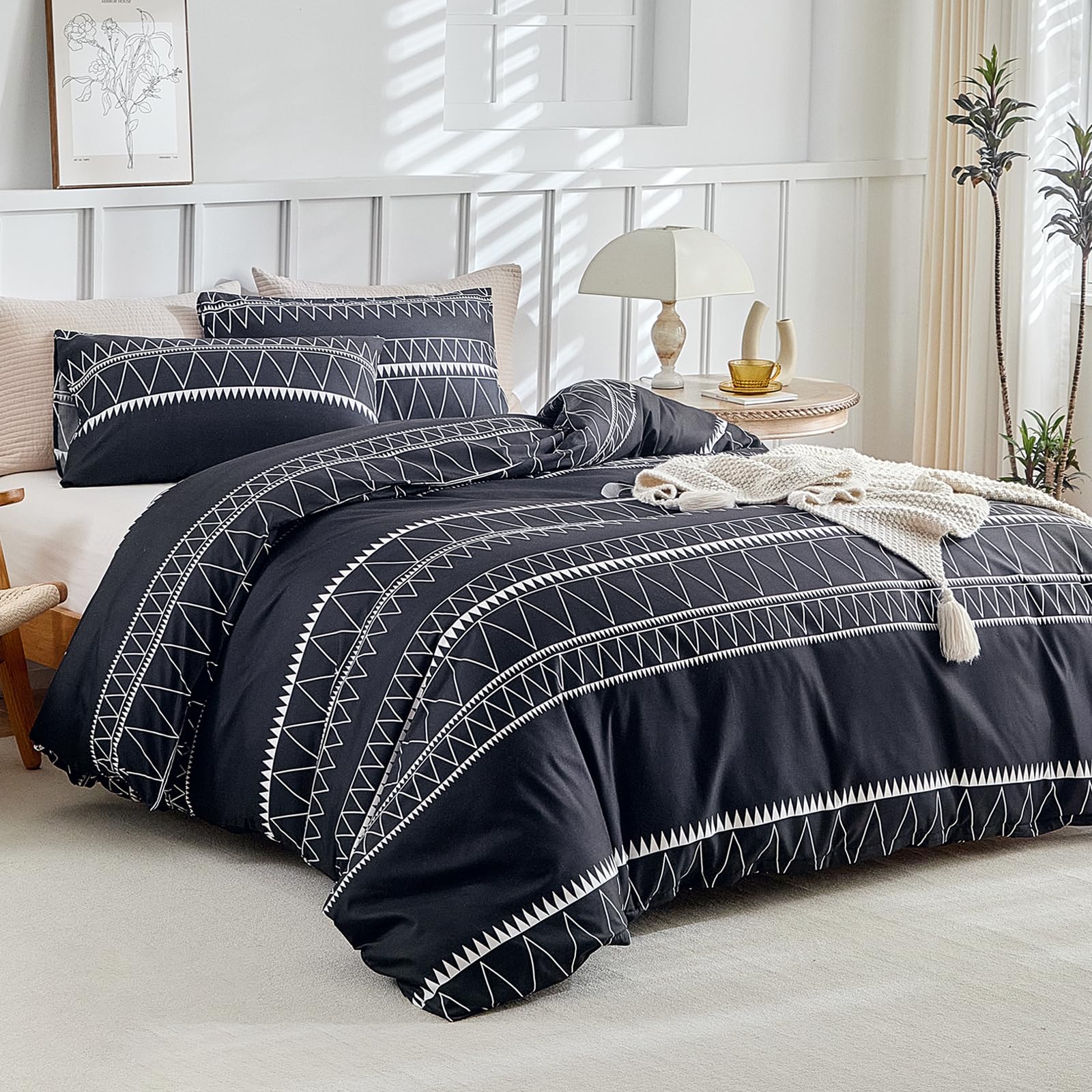 Lekesky King Size Duvet Cover Sets Black Bedding Boho Stripe Print Bedding Sets King Size (1x Quilt Cover, 2x Pillowcases) Ultra-Soft Microfiber Black Duvet Set
