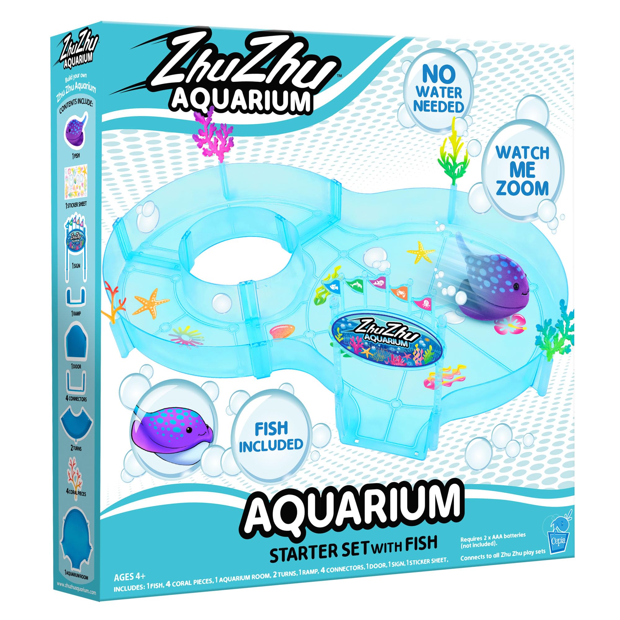 John Adams Zhu Zhu Pets Aquarium Starter Playset WITH Fish | Electronic Land-Swimming Pets for Kids | Mess-Free Fun Toy | Build Your Aquarium | Connects to All Zhu Zhu Playsets | Ages 4+