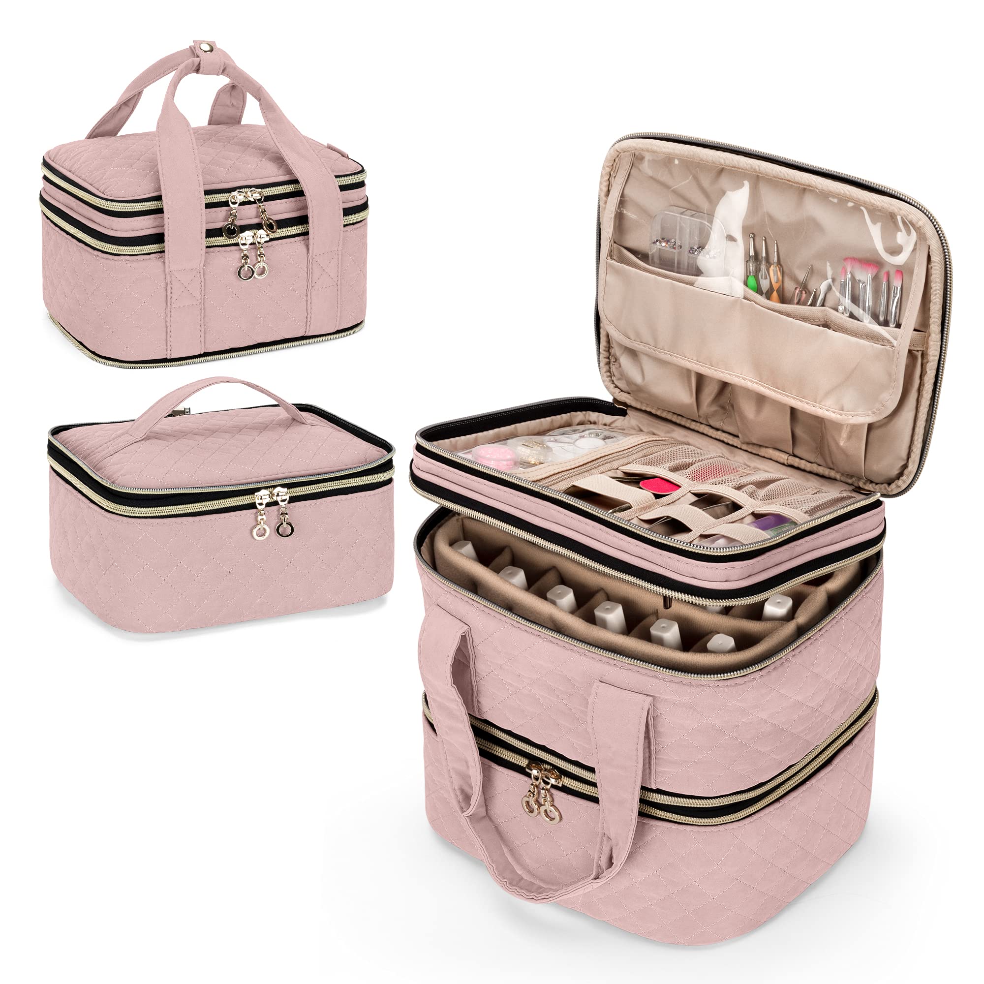 Yarwo Detachable Nail Polish Organiser Holds 48 Bottles (15ml/0.5 fl.oz), 3 Layers Nail Varnish Case with Adjustable Dividers, Travel Storage Bag for Manicure Set, Vintage Rose(Patent Pending)