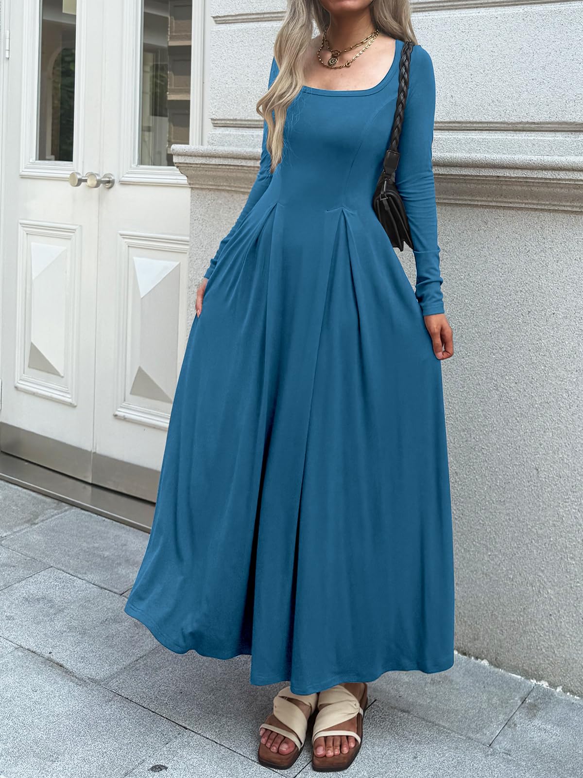 Mieazom Women Long Sleeve Square Neck Maxi Dress A-Line Pleated Flowy Elegant Party Cocktail Winter Fall Dresses with Pockets Blue XL