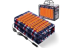 Tuanse 58 x 43 Inches 12 Volt Heated Car Blanket Plug in Portable Car Electric Blanket with Cigarette Lighter, Temperature Controller and Storage Bag for Rv Truck Traveling(Blue Red,Stripe)