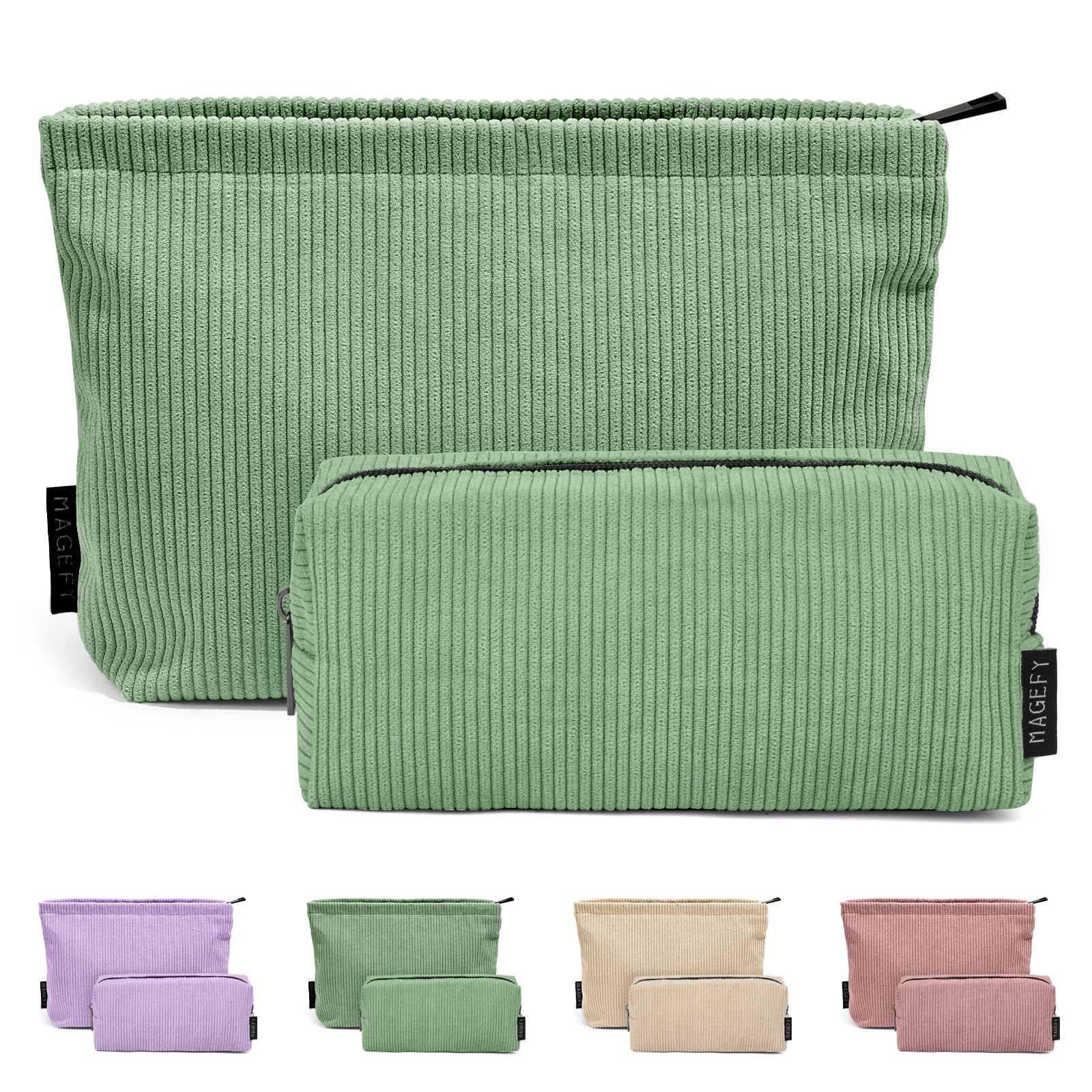 Makeup Bag MAGEFY 2 Pcs Small Cosmetic Bag Corduroy Make up Bag for Women Portable Travel Versatile Makeup Bag Zipper Makeup Pouch for Purse (Green)