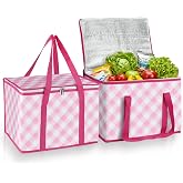 Manuqia 2-Pack Insulated Reusable Grocery Bag with Zippered Top, Shopping Bags, 40L X-Large Collapsible Insulated Cooler Bag for Groceries, Cooler Shopping Accessories, Pink