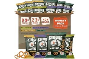 Kindling Protein Pretzels, Sea Salt, Dill Pickle, Honey Mustard, Garlic Parmesan, Kosher, 8-9 g Protein, 1-2 g of Total Sugar, No Artificial Flavors, Soy-Free, for Kids, Office 12 1.06oz Pack, 3 Each
