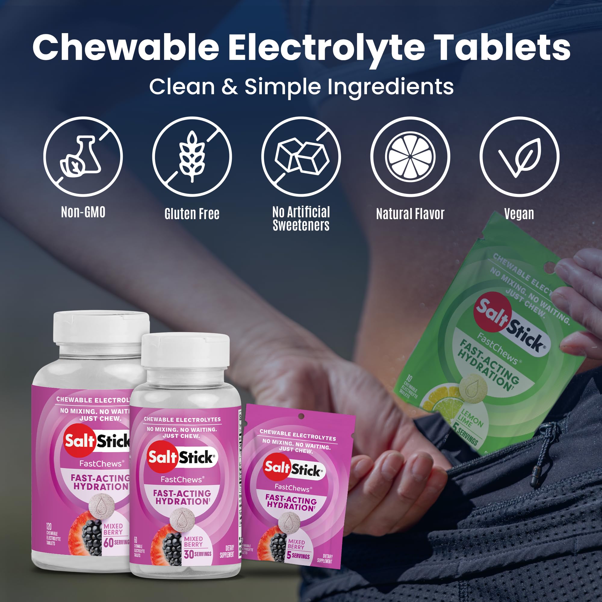 SaltStick Electrolyte FastChews - 60 Mixed Berry Chewable Electrolytes - Salt Tablets for Running and Hydration, Electrolyte Chews - 60 Count