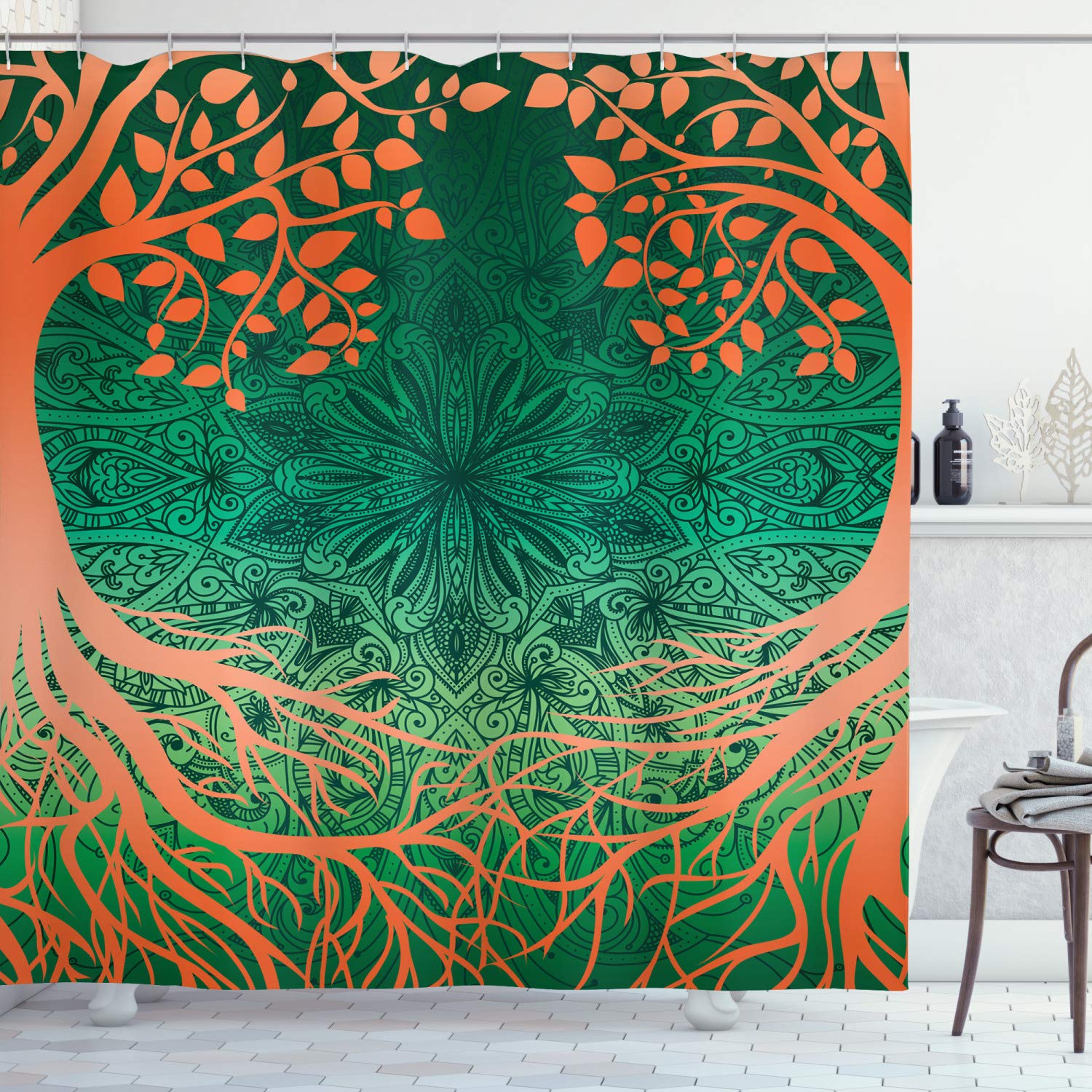 ABAKUHAUS Ethnic Shower Curtain, Mandala Form Universe Cultural Pattern Surrounded by Branches Design, Cloth Fabric Bathroom Decor Set with Hooks, 78" Inches, Orange Green
