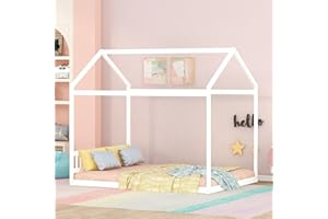 MERITLINE Kids Queen Size House Bed Frame, Wooden Double Floor Bed with Headboard for Kids, Montessori Bed with Support Slats for Boys Girls Toddlers (White)