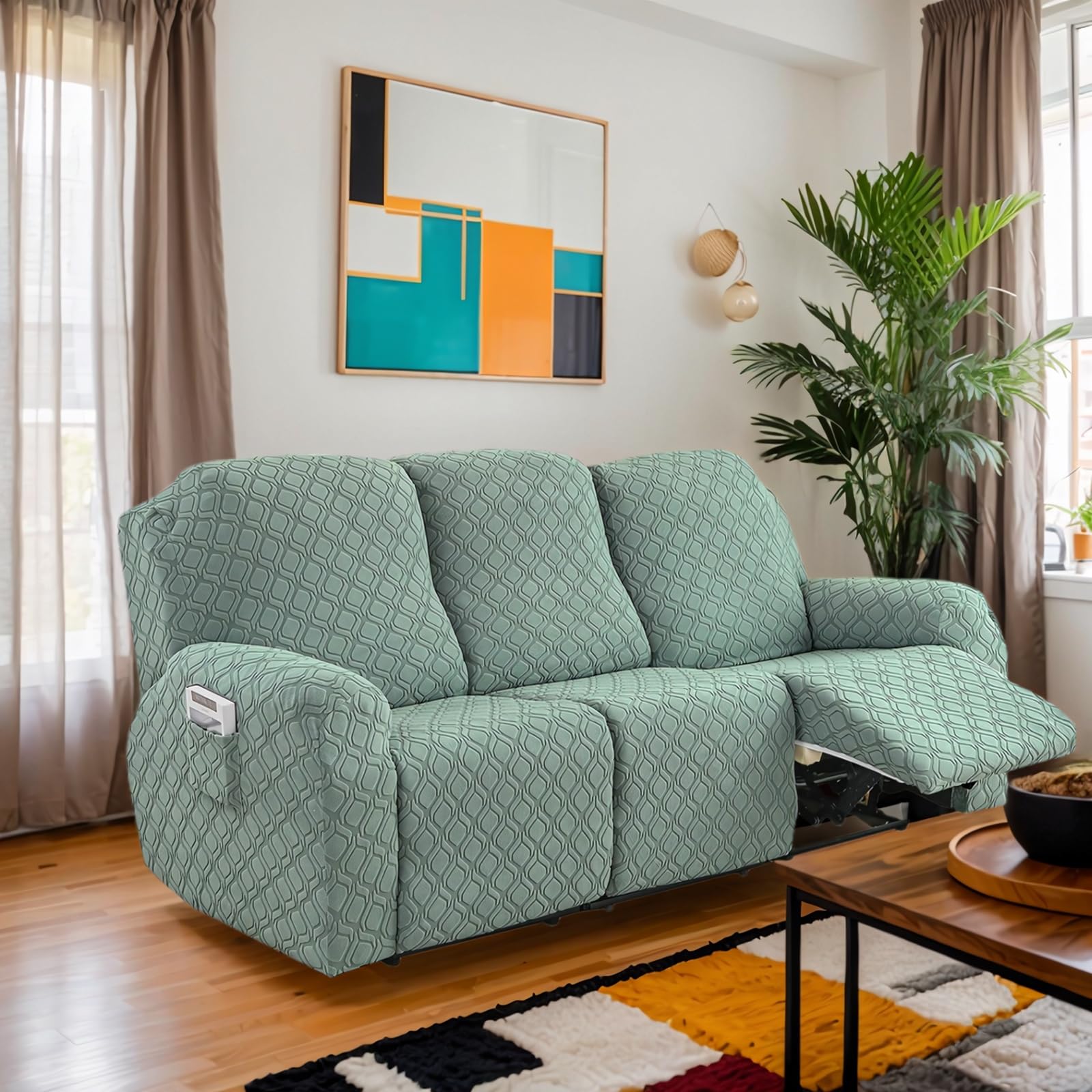 OKUYUK Recliner Chair Cover, 8-Pieces Stretch Recliner Covers for Recliner Chair Soft Reclining Chair Slipcover Furniture Protector for Dogs Cats (Fruit Green, 3 Seater)