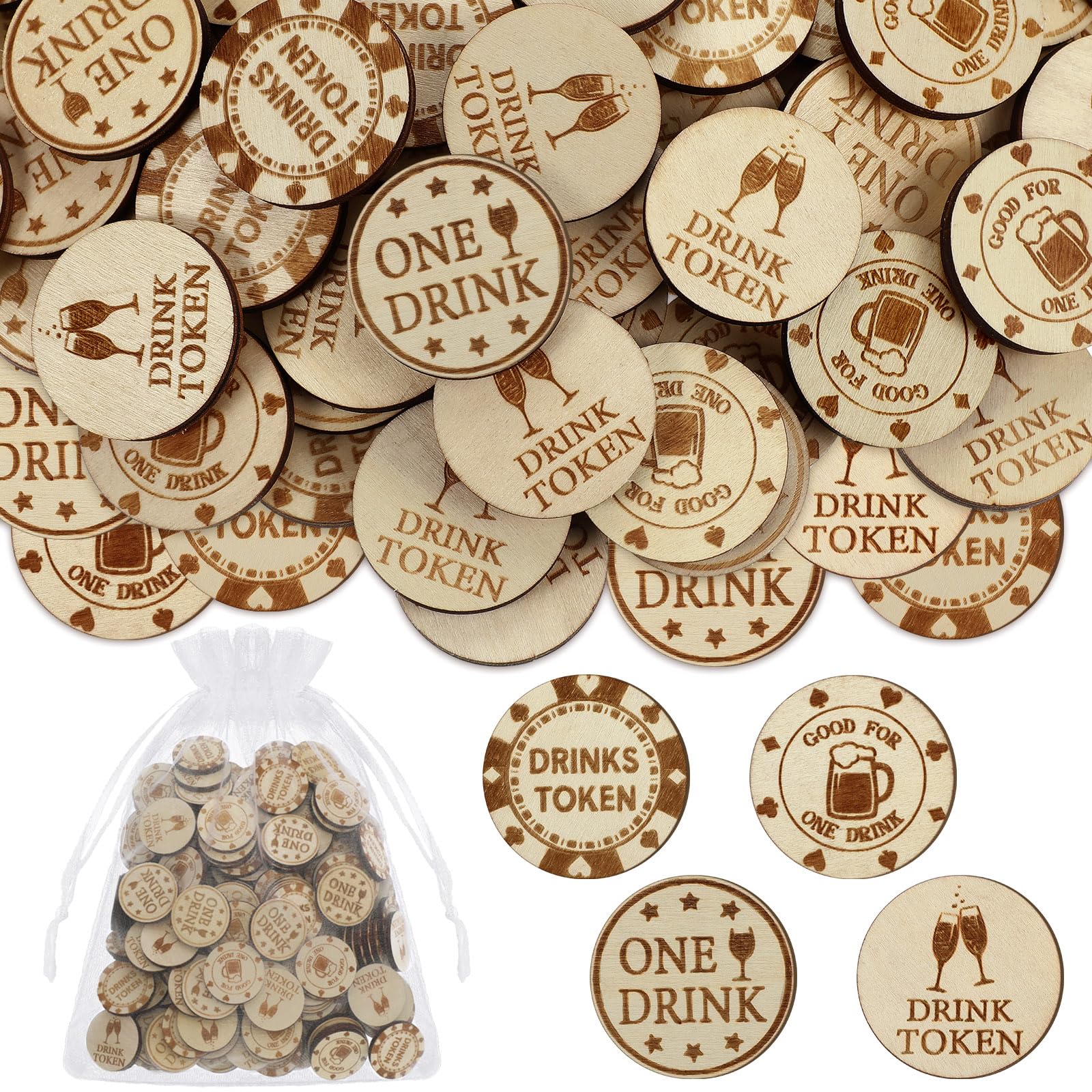 Photo 1 of Motionchic 200 Pcs Drink Tokens Bulk for Events Wooden Free Drink Tokens with Organza Bags Personalised Free Cheers Tickets Poker Chips for Events Bar Wedding Oktoberfest Party Favors