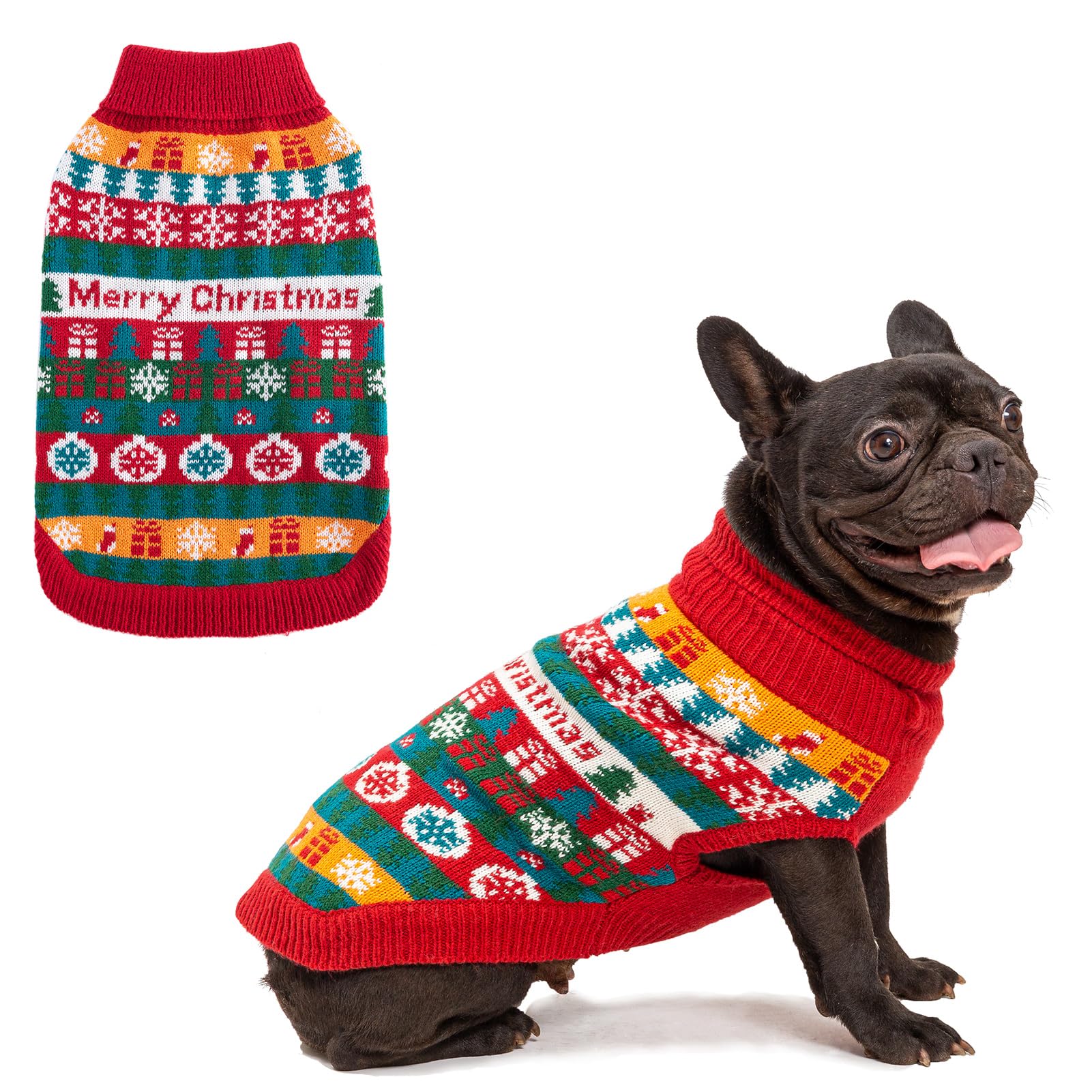 EXPAWLORER Christmas Dog Jumper - Knitted Xmas Costume Dog Clothes Gift, Sleeveless Sweater with Colorful Stripes and Snowflakes, Warm Holiday Outfit Winter Coat for Small Medium Large Dogs, S-M