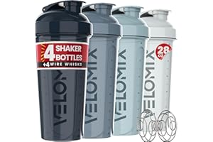 VELOMIX -4 PACK 28 Oz Protein Shaker Bottle for Protein Mixes - 4x Wire Whisk | Leak Proof Shaker Cups for Protein Shakes | Protein Shaker Bottle Pack | Protein Shake Cup (Aqua Depths)