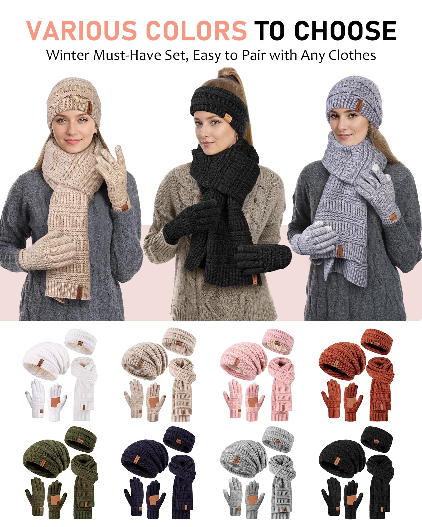 Womens Winter Beanie Hat Scarf Gloves Headband Set, Slouchy Beanie Ear Warmer Knit Scarf Touchscreen Gloves Warm 4 Gift Set