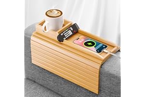 CLOUDDROPSS Couch Arm Tray with Cup Holder, 3-in-1 Bamboo Sofa Armrest Table, Adjustable Non-Slip Couch Arm Table, Foldable A