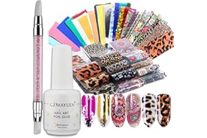 GZMAYUEN Nail Foils Transfer Nail Art, 15ML Foil Transfer Gel for Nails, 50Pcs Mix Nail Transfer Sheets for Nail Art DIY Decoration