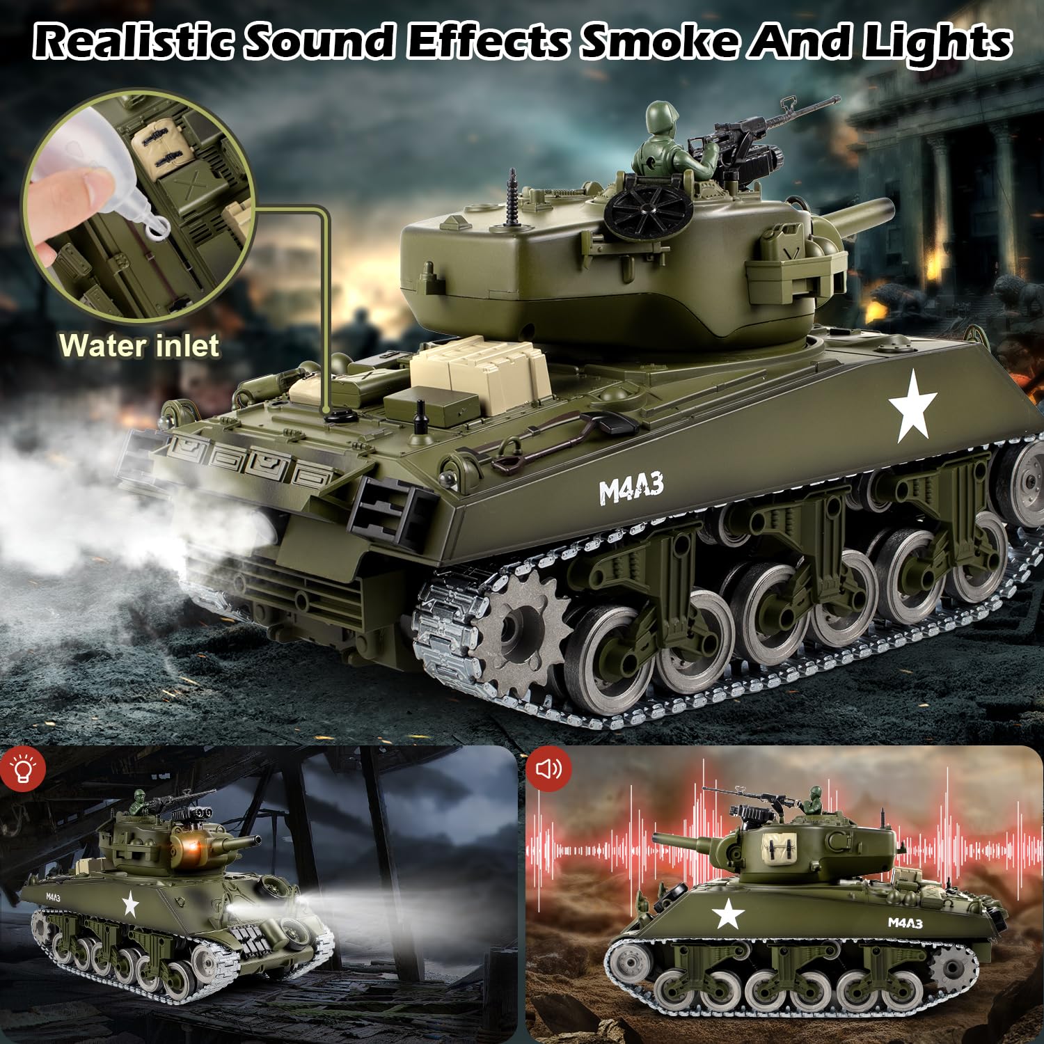Supdex 1:18 RC Tank, Metal US M4A3 Sherman Remote Control Model Army Tank That Shoots BBS and Water Bombs, 2.4Ghz RC Vehicle Military Toys with Smoke, Lights, Sound, and Recoil for Kids and Adults