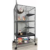 Large Two Full Story Deluxe Double Unit Small Animal Critters Rolling Cage | Habitat for Rats Chinchillas Ferrets Sugar Gliders, Sturdy Wrought Iron, Durable Full-Width Doors, Hammock Water Bottle Bowl