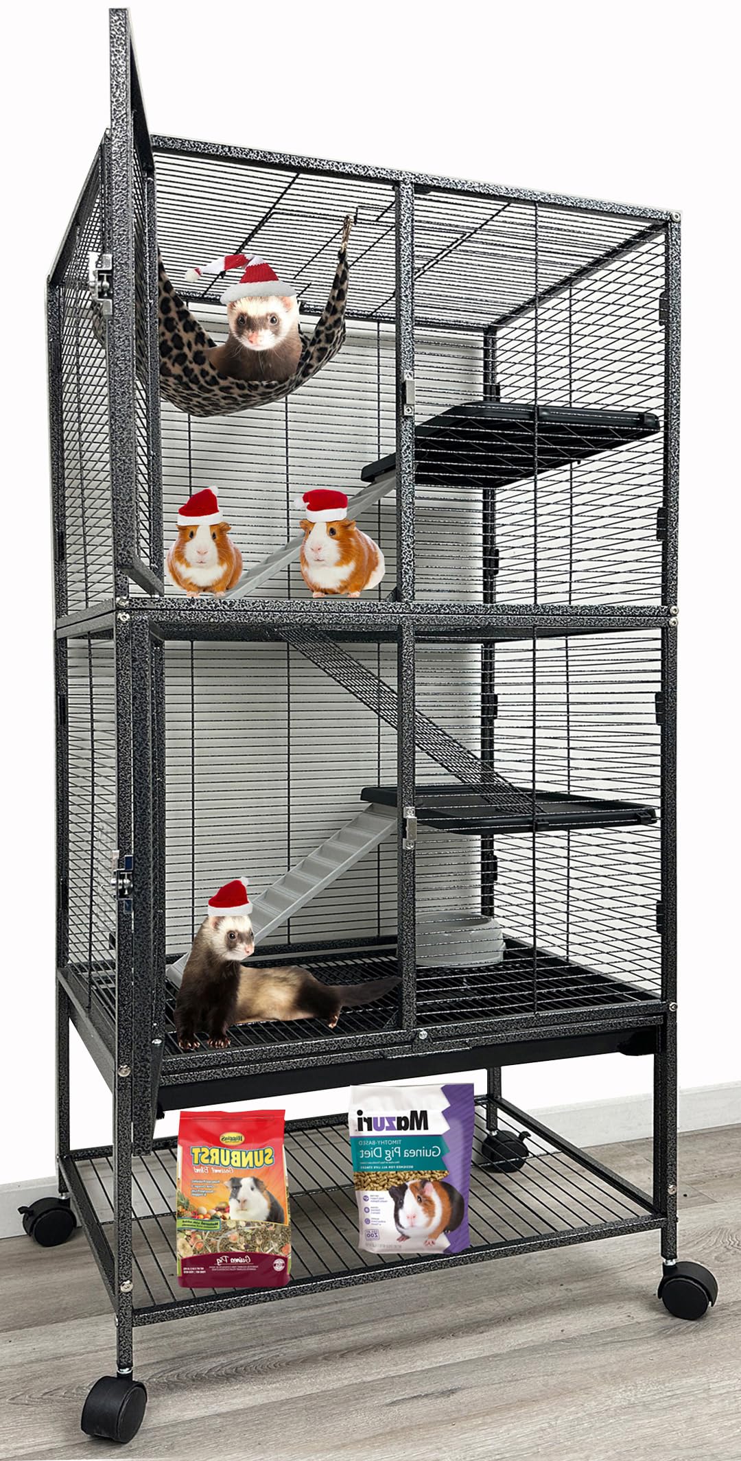Photo 1 of Large Two Full Story Deluxe Double Unit 4-Tiers Tight 1/2-Inch Bar Spacing Durable Front Doors Water Bottle Food Bowl for Feisty Ferret Squirrel Hammock Rat Gerbil Small Animal Critter Rolling Cage