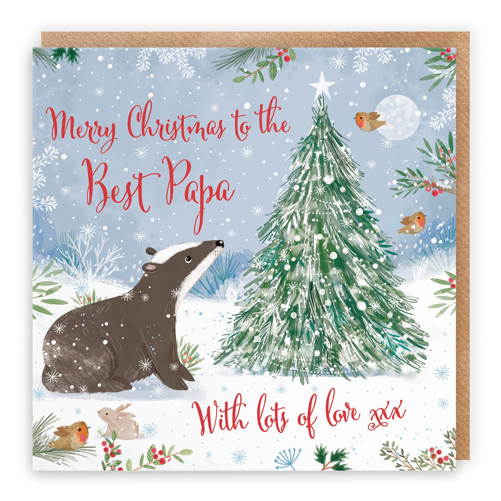 Hunts England - Cute Badger Papa Christmas Card - Nature's Treasures - Happy Animal Wildlife Fun Merry Xmas Card - Robin, Rabbit - From Child, Kid, Toddler