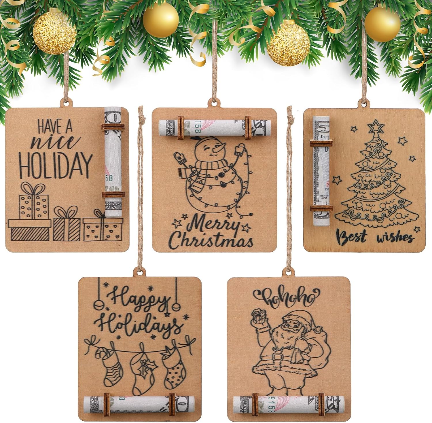 Tree Stands - Locmeo 5 Pcs Christmas Unique Money Holder for Cash Funny Wooden Christmas Money Holder Xmas Handmade Christmas Tree Decorations Hanging Decoration Money Tree Gift Holder, 5 Assorted Designs