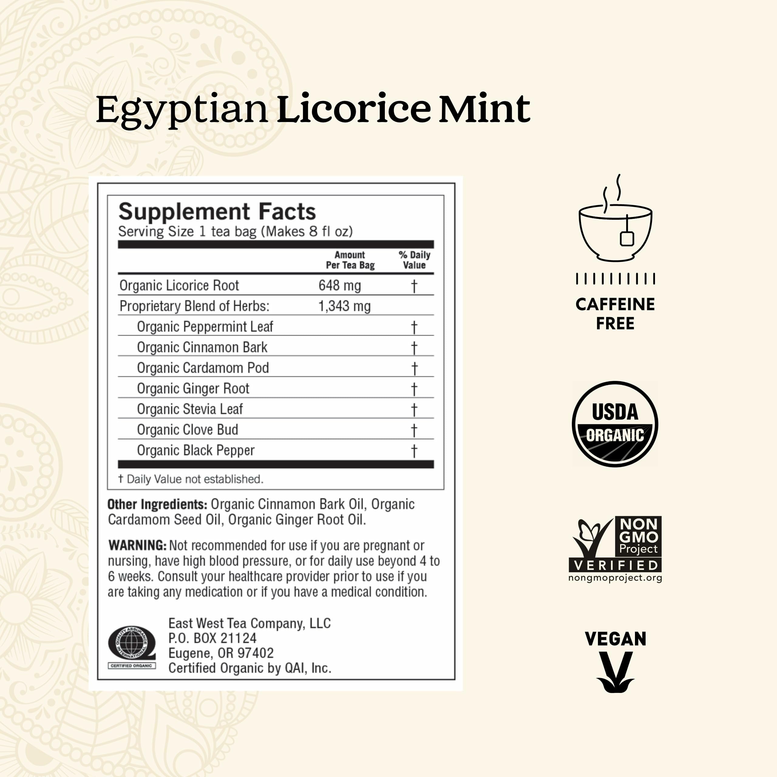 Yogi Tea Egyptian Licorice Mint Tea - 16 Tea Bags per Pack (6 Packs) - Caffeine-Free Organic Tea - Includes Peppermint Leaf, Licorice Root, Cinnamon Bark, Cardamom Pod, Ginger Root & More