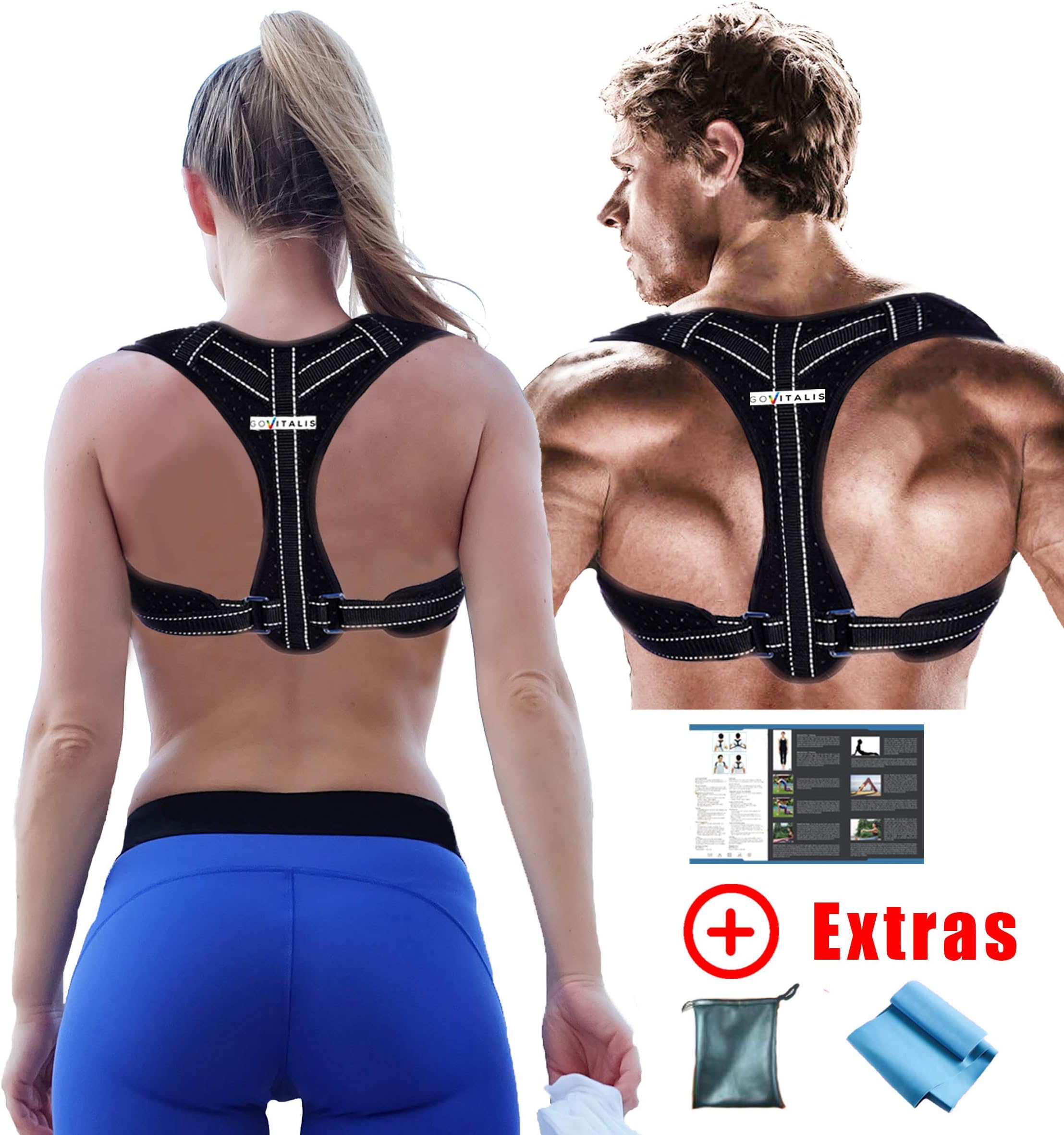 GoVitalis Premium 2018 Posture Corrector for Men & Women: German Brand Quality, Comfortable Robust Effective - Bonus Training Manual, Resistance Band, Carrier Bag