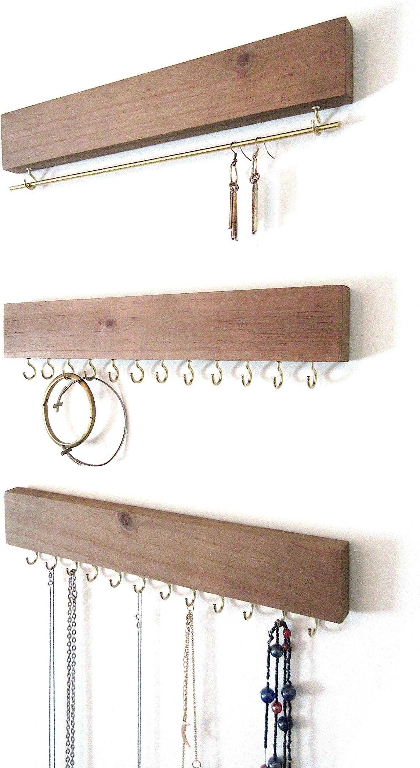 Art Collective Vintage Wall Mounted Jewelry Organizer - 3 Piece Rustic Wood and Gold Metal Hook Rack for Necklace and Earrings Display