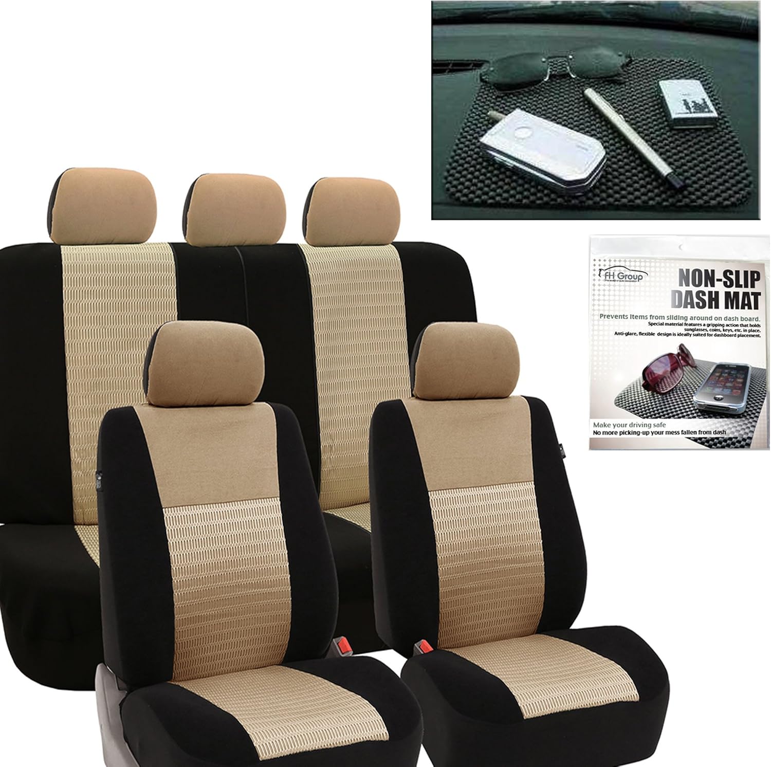 FH Group FH-FB060115 Trendy Elegance Car Seat Covers Beige/Black, Airbag Compatible and Split Bench FH1002 Non-Slip Dash Grip Pad - Fit Most Car, Truck, SUV, or Van