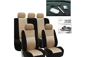 FH Group Car Seat Covers Trendy Elegance Beige Full Set Automotive Seat Covers, Airbag and Split Rear Combo Non-Slip Dash Grip Pad Universal Fit Interior Accessories Cars Trucks SUV Car Accessories