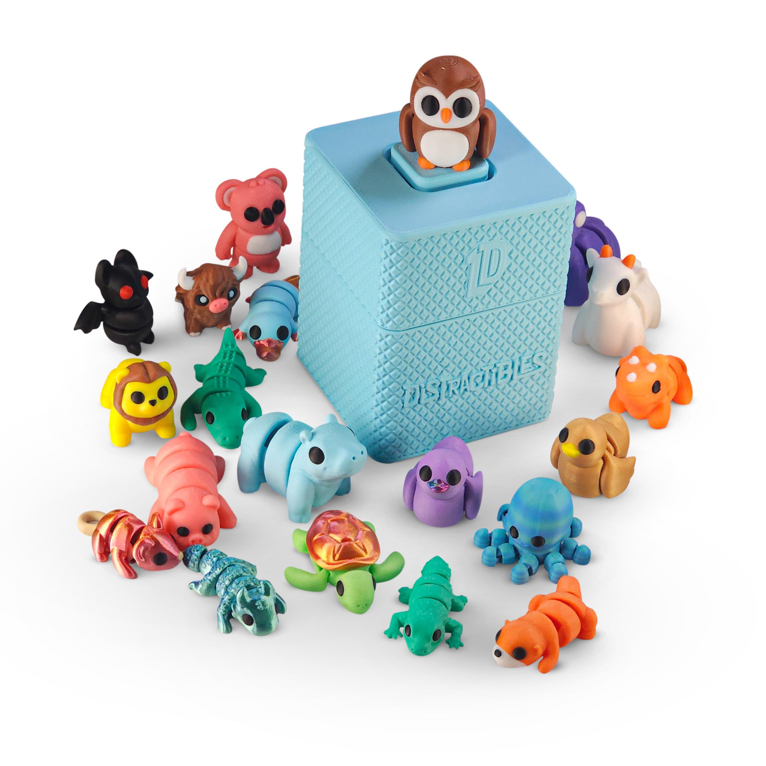 Photo 1 of Distractibles Mystery Fidget Sensory Animal Pack, 10 Articulated 3D Printed Animals + Bonus Fidget Clicker & Sensory Clicker Box, Random Colors (Blue)