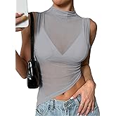 QJQ Women's Sheer Mesh Tank Tops Mock Neck Sleeveless Asymmetrical Hem Crop Top See Through Shirts