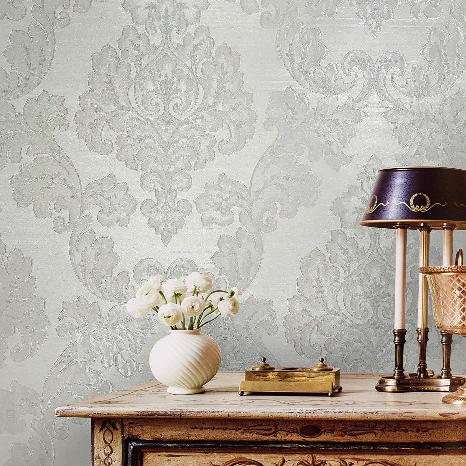 Embossed Wallpaper White Textured Large Victorian Traditional Damask