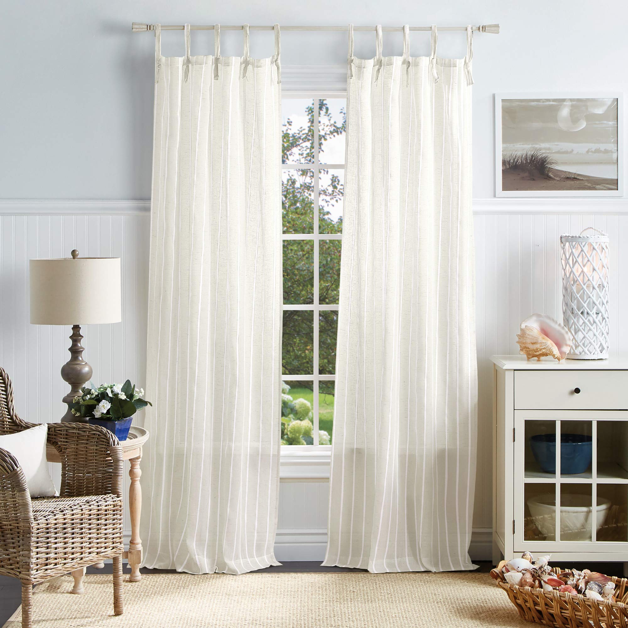 MARTHA STEWART Laguna Stripe Semi-Sheer Tie Tab Window Curtain Panel Pair, 95", White