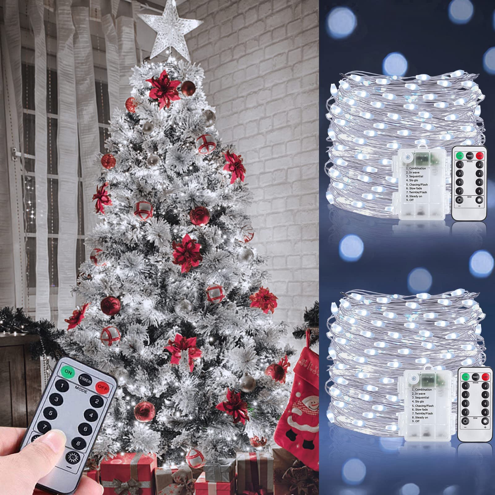 Photo 1 of [ 8 Modes & Timer ] 2 Pack Christmas Fairy String Lights Decorations Total 240 LED 80 Ft Remote Waterproof Battery Operated Copper Wire Xmas Decor Tree Indoor Outdoor Home Bedroom,120LED 39.4Ft Each