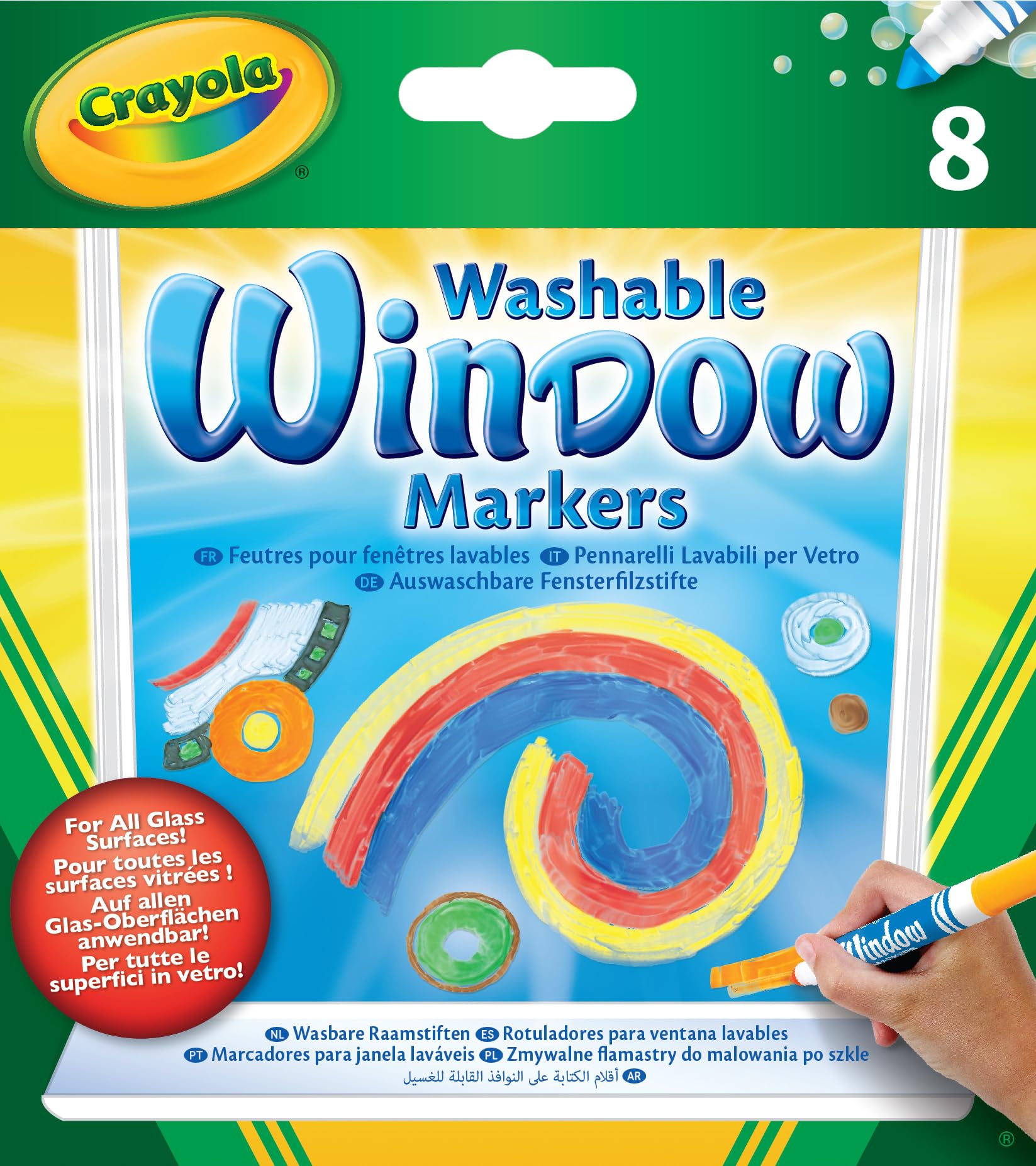 CRAYOLA Washable Window Markers - Assorted Colours (Pack of 8) | Can be Safely Drawn on Any Glass Surface from Mirrors to Car Windows | Ideal for Kids Aged 3+