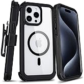 Defender for Clear iPhone 15 Pro Max Case with Belt Clip Holster, Compatible with MagSafe, Anti-Yellowing, Full-Body Phone Cover for iPhone 15 Pro Max Case (Clear & Black)