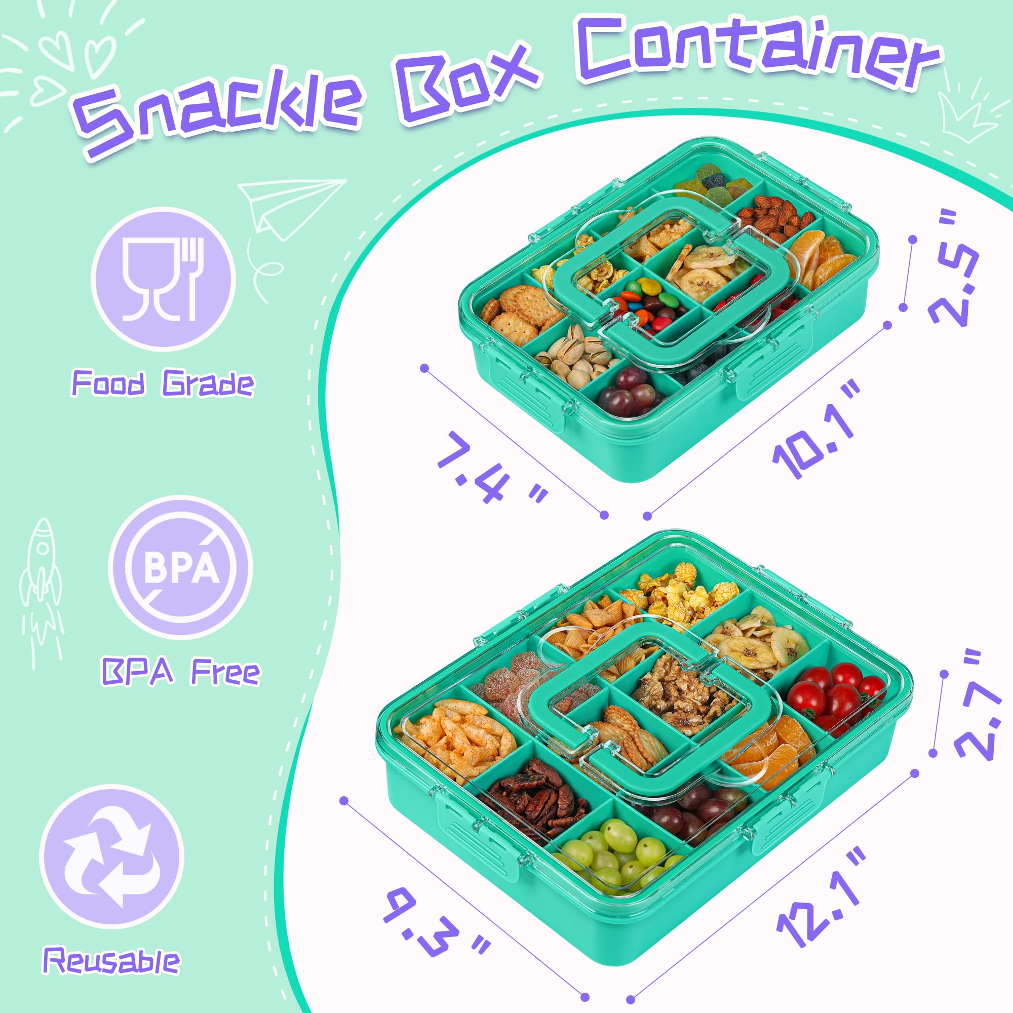 Xyptorix Snack Box Container for Kids - Adjustable 12-Compartment Snack Containers, Reusable Bento Box, Dishwasher Safe, BPA-Free, Perfect for School, Travel, Camping & Picnic, Green
