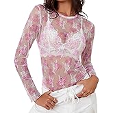 AKEWEI Womens Mesh Long Sleeve Tops Crew Neck Sexy See Through Tee Shirts Party Club Night Lace Blouse