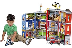 KidKraft Everyday Heroes Wooden Playset, 3-Story with 26-Piece Accessories, Foldable for Storage