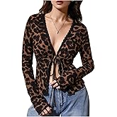 Verdusa Women's Y2K Leopard Lace Bow Tie Cardigan Sweaters Lightweight Slit Knit Tops