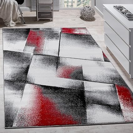 alfombra de diseno para sala de estar pelo corto rojo gris negro tamano 60x100 cm