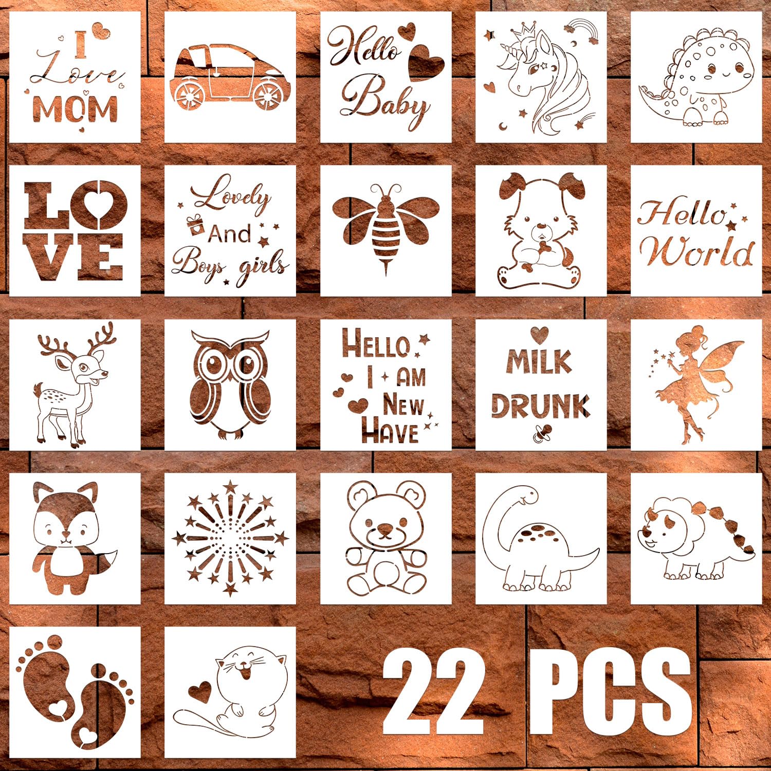 22pcs Baby Shower Stencils, 5.12 Inch Cute Baby Shower Fabric Stencils with Different Patterns Baby Stencils for Fabric Reusable Painting Stencils for Boys Girls Shirts Templates Decoration