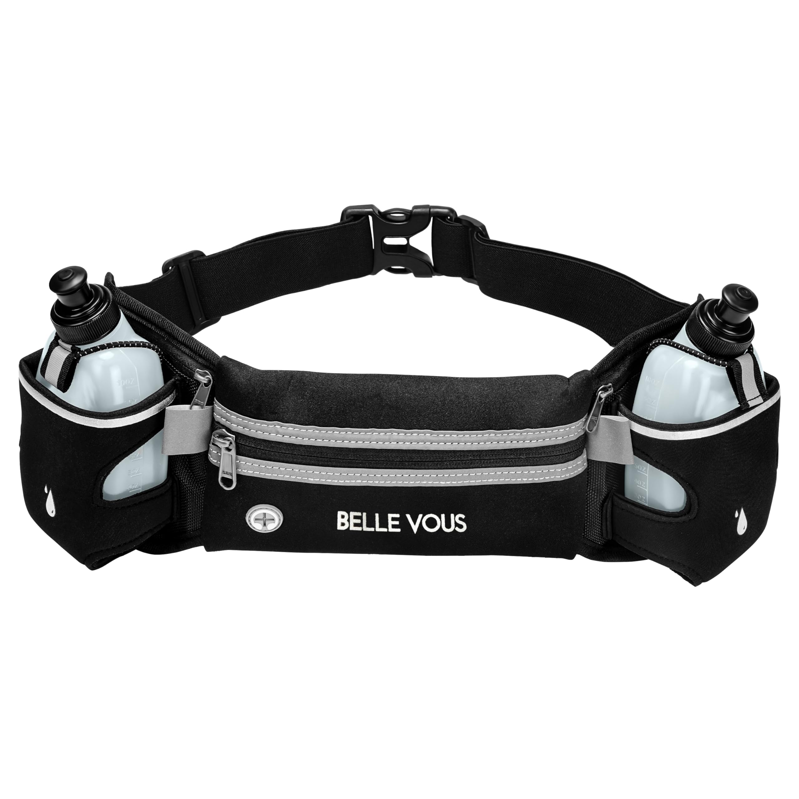 Belle Vous Adjustable Running Belt with 2 Water Bottles - 2 x 250ml/8.5oz Bottles & Reflective Waist Bag/Pouch for Phone - Waterproof Hydration Belt Holder for Marathon Running, Hiking and Fitness