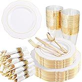 Liacere 350PCS Gold Plastic Plates-Disposable White and Gold Plates 50guest Baroque Plastic Dinnerware include 100Plates, 50Pack Pre Rolled Napkins with Silverware 50Cups for Wedding&New Years